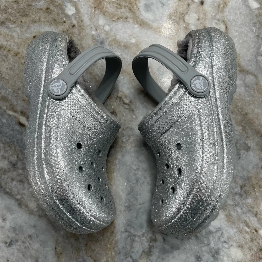 Crocs Classic Glitter Lined Clogs 'Silver Grey' 205937-00N Size C12 Toddler